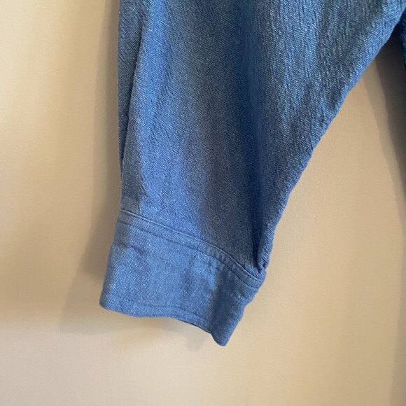 Vintage 90s Linen Blend Button Blue Down Shirt Cottagecore Utility Cabincore - Picture 4 of 11
